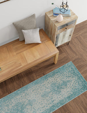 Aqua 2' 7 x 10' Bromley Runner Area Rug 100% Polypropylene With Cotton Backing Vintage Distressed Colorful Traditional Carpet for Living Dining Rooms Offices for Sale at Rug Engine