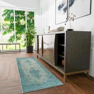 Aqua 2' 7 x 12' Bromley Runner Area Rug 100% Polypropylene With Cotton Backing Vintage Distressed Colorful Traditional Carpet for Living Dining Rooms Offices for Sale at Rug Engine