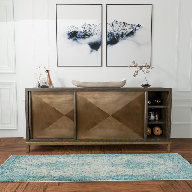 Aqua 2' 7 x 12' Bromley Runner Area Rug 100% Polypropylene With Cotton Backing Vintage Distressed Colorful Traditional Carpet for Living Dining Rooms Offices for Sale at Rug Engine