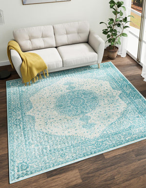 Aqua 10' x 10' Bromley Square Area Rug 100% Polypropylene With Cotton Backing Vintage Distressed Colorful Traditional Carpet for Living Dining Rooms Offices for Sale at Rug Engine