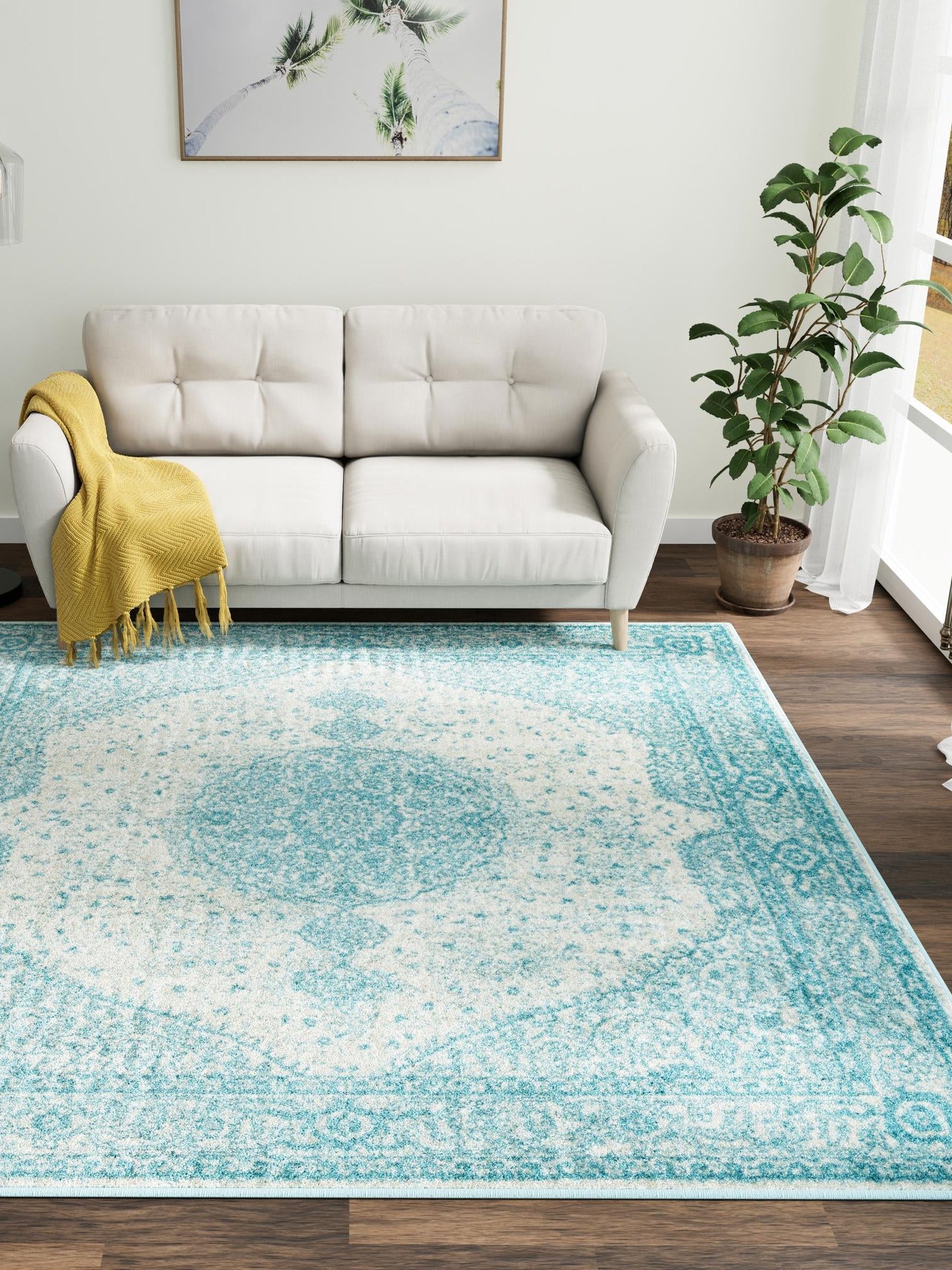 Aqua 7' 10 x 7' 10 Bromley Square Area Rug 100% Polypropylene With Cotton Backing Vintage Distressed Colorful Traditional Carpet for Living Dining Rooms Offices for Sale at Rug Engine