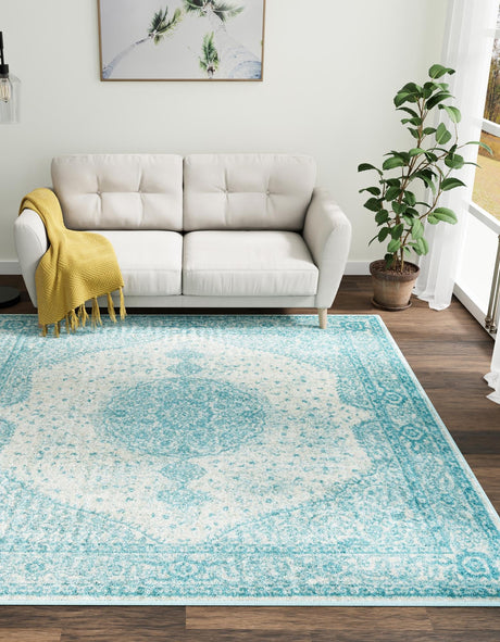 Aqua 7' 10 x 7' 10 Bromley Square Area Rug 100% Polypropylene With Cotton Backing Vintage Distressed Colorful Traditional Carpet for Living Dining Rooms Offices for Sale at Rug Engine