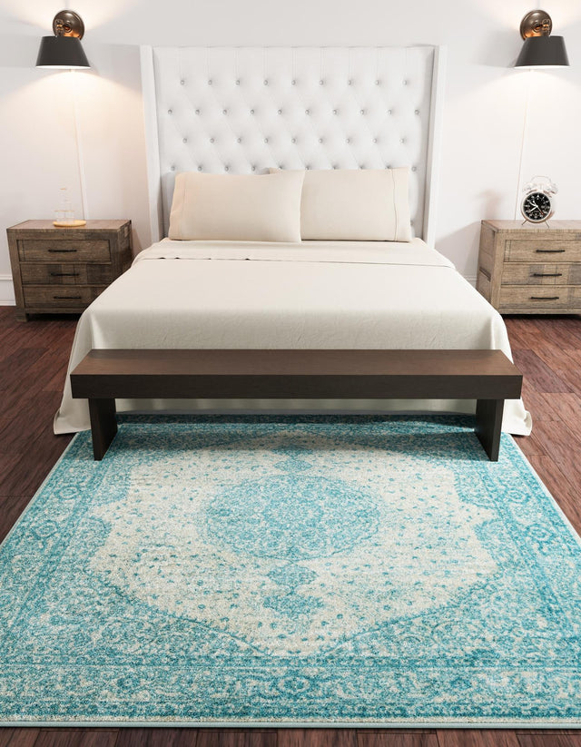 Aqua 7' 10 x 7' 10 Bromley Square Area Rug 100% Polypropylene With Cotton Backing Vintage Distressed Colorful Traditional Carpet for Living Dining Rooms Offices for Sale at Rug Engine