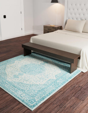 Aqua 10' x 10' Bromley Square Area Rug 100% Polypropylene With Cotton Backing Vintage Distressed Colorful Traditional Carpet for Living Dining Rooms Offices for Sale at Rug Engine