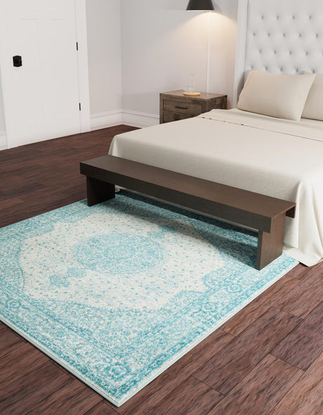 Aqua 10' x 10' Bromley Square Area Rug 100% Polypropylene With Cotton Backing Vintage Distressed Colorful Traditional Carpet for Living Dining Rooms Offices for Sale at Rug Engine