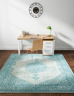 Aqua 7' 10 x 7' 10 Bromley Square Area Rug 100% Polypropylene With Cotton Backing Vintage Distressed Colorful Traditional Carpet for Living Dining Rooms Offices for Sale at Rug Engine