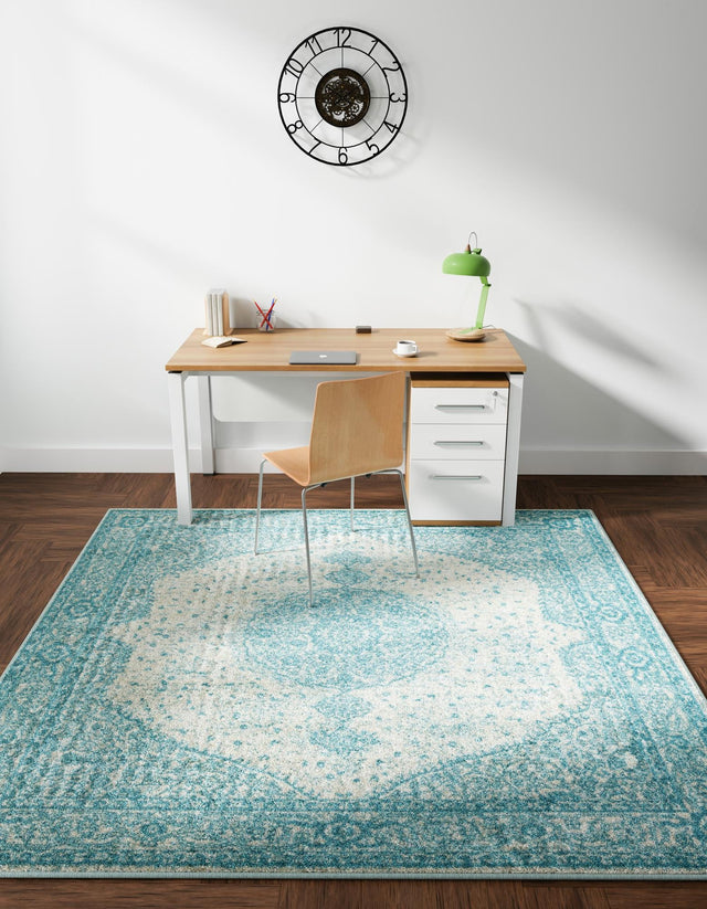 Aqua 7' 10 x 7' 10 Bromley Square Area Rug 100% Polypropylene With Cotton Backing Vintage Distressed Colorful Traditional Carpet for Living Dining Rooms Offices for Sale at Rug Engine