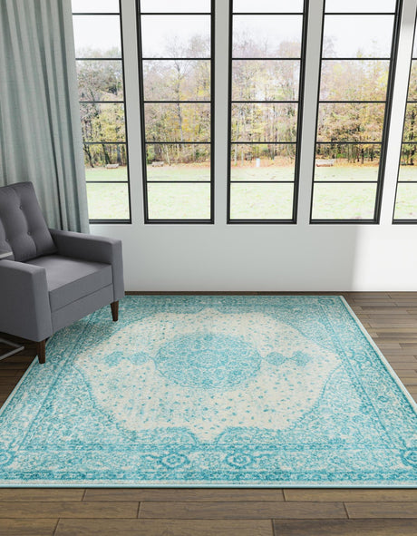 Aqua 10' x 10' Bromley Square Area Rug 100% Polypropylene With Cotton Backing Vintage Distressed Colorful Traditional Carpet for Living Dining Rooms Offices for Sale at Rug Engine