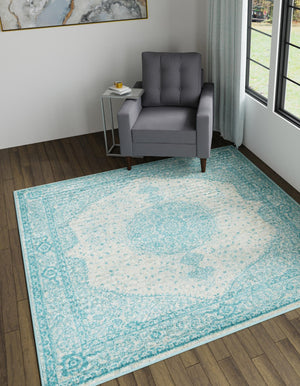 Aqua 10' x 10' Bromley Square Area Rug 100% Polypropylene With Cotton Backing Vintage Distressed Colorful Traditional Carpet for Living Dining Rooms Offices for Sale at Rug Engine