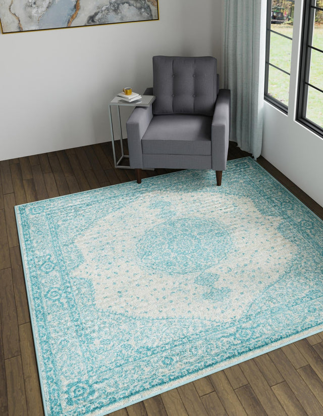 Aqua 10' x 10' Bromley Square Area Rug 100% Polypropylene With Cotton Backing Vintage Distressed Colorful Traditional Carpet for Living Dining Rooms Offices for Sale at Rug Engine