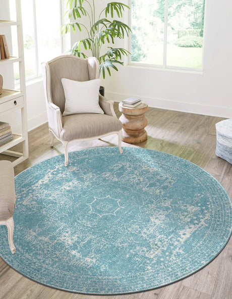 Aqua 5' 3 x 5' 3 Bromley Round Area Rug 100% Polypropylene With Cotton Backing Vintage Distressed Colorful Traditional Carpet for Living Dining Rooms Offices for Sale at Rug Engine