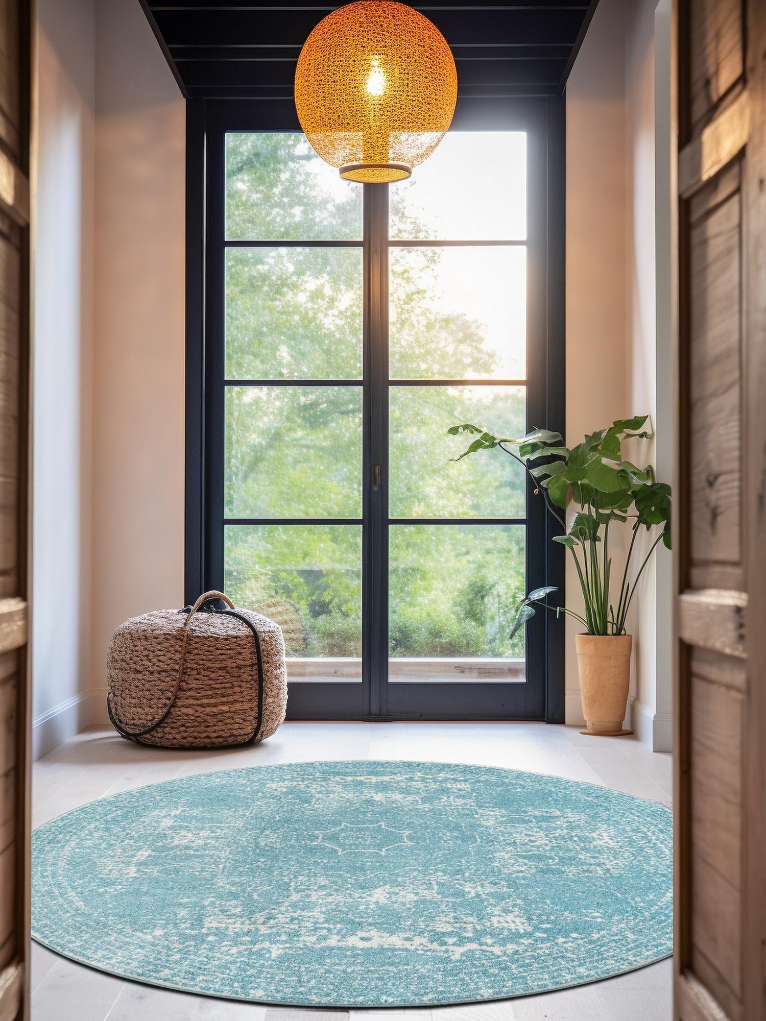 Aqua 7' 10 x 7' 10 Bromley Round Area Rug 100% Polypropylene With Cotton Backing Vintage Distressed Colorful Traditional Carpet for Living Dining Rooms Offices for Sale at Rug Engine