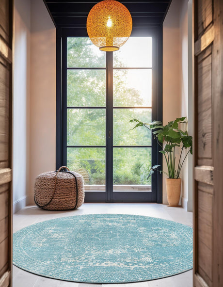 Aqua 7' 10 x 7' 10 Bromley Round Area Rug 100% Polypropylene With Cotton Backing Vintage Distressed Colorful Traditional Carpet for Living Dining Rooms Offices for Sale at Rug Engine