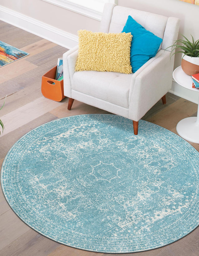 Aqua 5' 3 x 5' 3 Bromley Round Area Rug 100% Polypropylene With Cotton Backing Vintage Distressed Colorful Traditional Carpet for Living Dining Rooms Offices for Sale at Rug Engine