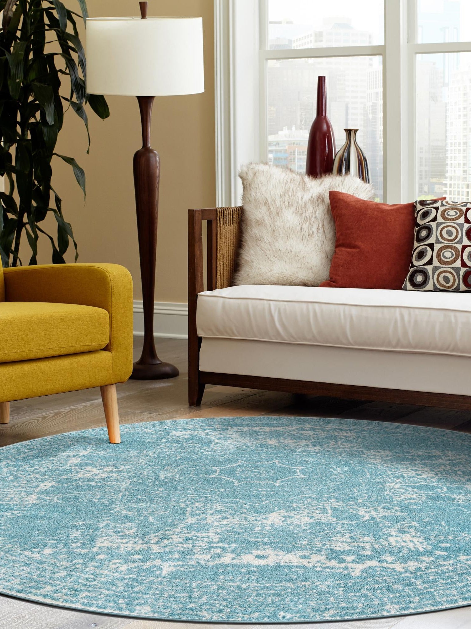 Aqua 10' x 10' Bromley Round Area Rug 100% Polypropylene With Cotton Backing Vintage Distressed Colorful Traditional Carpet for Living Dining Rooms Offices for Sale at Rug Engine