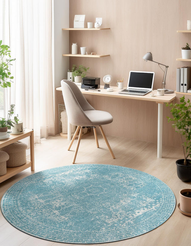 Aqua 5' 3 x 5' 3 Bromley Round Area Rug 100% Polypropylene With Cotton Backing Vintage Distressed Colorful Traditional Carpet for Living Dining Rooms Offices for Sale at Rug Engine