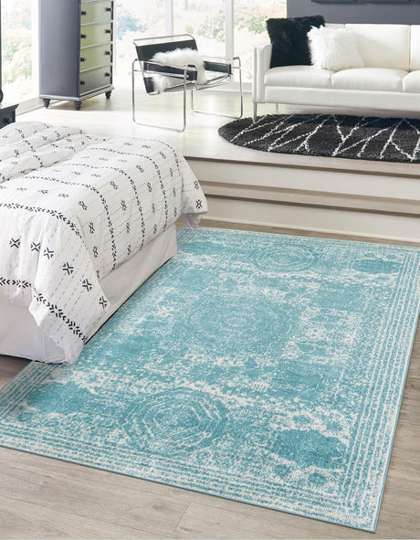 Aqua 5' 3 x 8' Bromley Rectangle Area Rug 100% Polypropylene With Cotton Backing Vintage Distressed Colorful Traditional Carpet for Living Dining Rooms Offices for Sale at Rug Engine