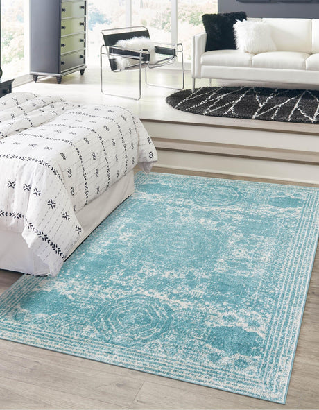 Aqua 7' 10 x 10' Bromley Rectangle Area Rug 100% Polypropylene With Cotton Backing Vintage Distressed Colorful Traditional Carpet for Living Dining Rooms Offices for Sale at Rug Engine