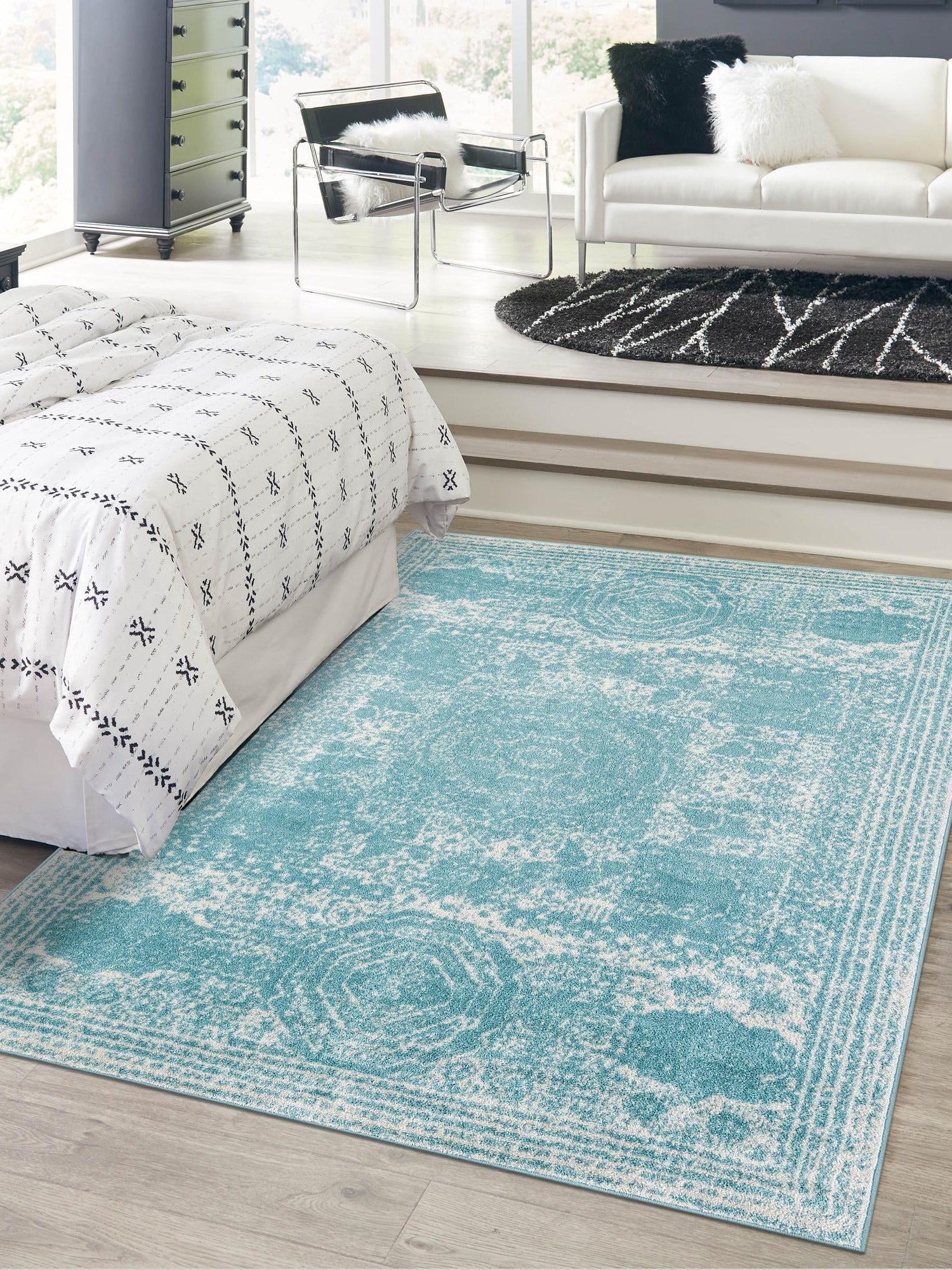 Aqua 6' 1 x 9' Bromley Rectangle Area Rug 100% Polypropylene With Cotton Backing Vintage Distressed Colorful Traditional Carpet for Living Dining Rooms Offices for Sale at Rug Engine