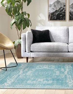 Aqua 7' 10 x 10' Bromley Rectangle Area Rug 100% Polypropylene With Cotton Backing Vintage Distressed Colorful Traditional Carpet for Living Dining Rooms Offices for Sale at Rug Engine