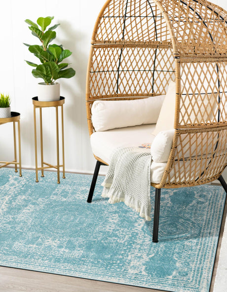 Aqua 7' 10 x 10' Bromley Rectangle Area Rug 100% Polypropylene With Cotton Backing Vintage Distressed Colorful Traditional Carpet for Living Dining Rooms Offices for Sale at Rug Engine