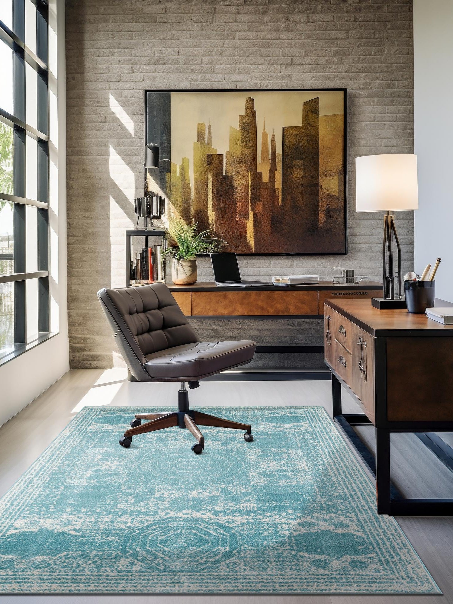 Aqua 6' 1 x 9' Bromley Rectangle Area Rug 100% Polypropylene With Cotton Backing Vintage Distressed Colorful Traditional Carpet for Living Dining Rooms Offices for Sale at Rug Engine