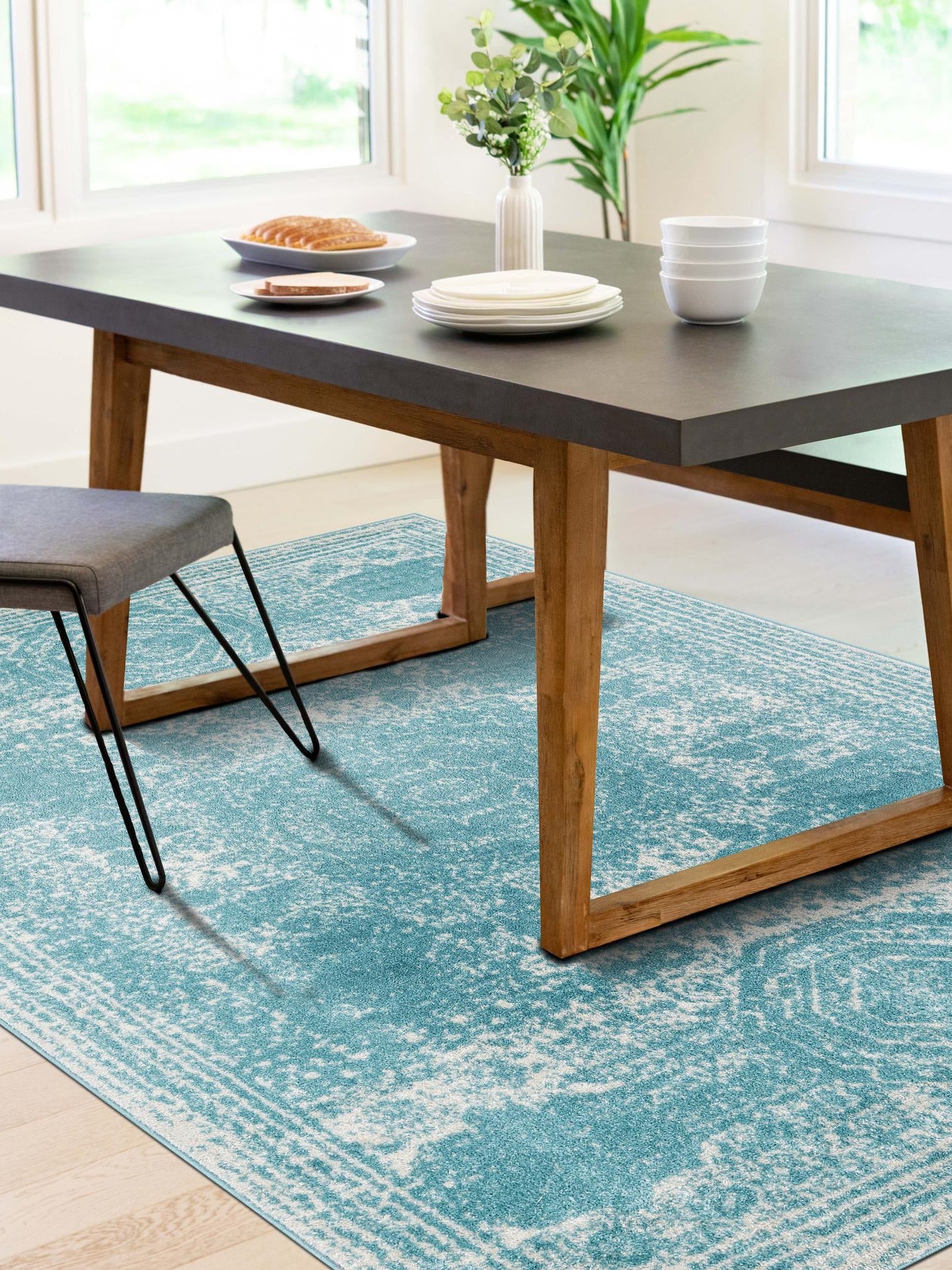 Aqua 7' 10 x 10' Bromley Rectangle Area Rug 100% Polypropylene With Cotton Backing Vintage Distressed Colorful Traditional Carpet for Living Dining Rooms Offices for Sale at Rug Engine