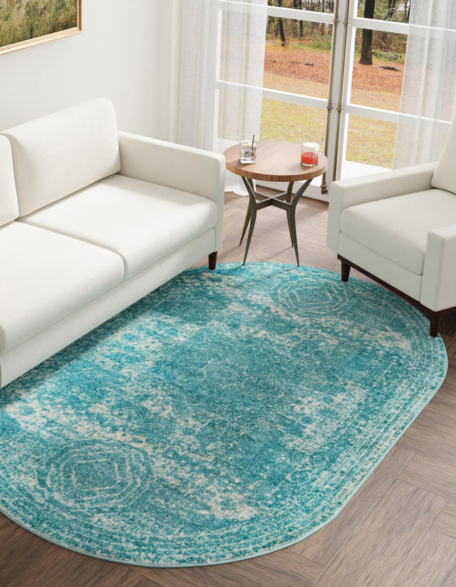 Aqua 5' 3 x 8' Bromley Oval Area Rug 100% Polypropylene With Cotton Backing Vintage Distressed Colorful Traditional Carpet for Living Dining Rooms Offices for Sale at Rug Engine