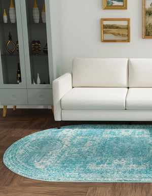 Aqua 5' 3 x 8' Bromley Oval Area Rug 100% Polypropylene With Cotton Backing Vintage Distressed Colorful Traditional Carpet for Living Dining Rooms Offices for Sale at Rug Engine