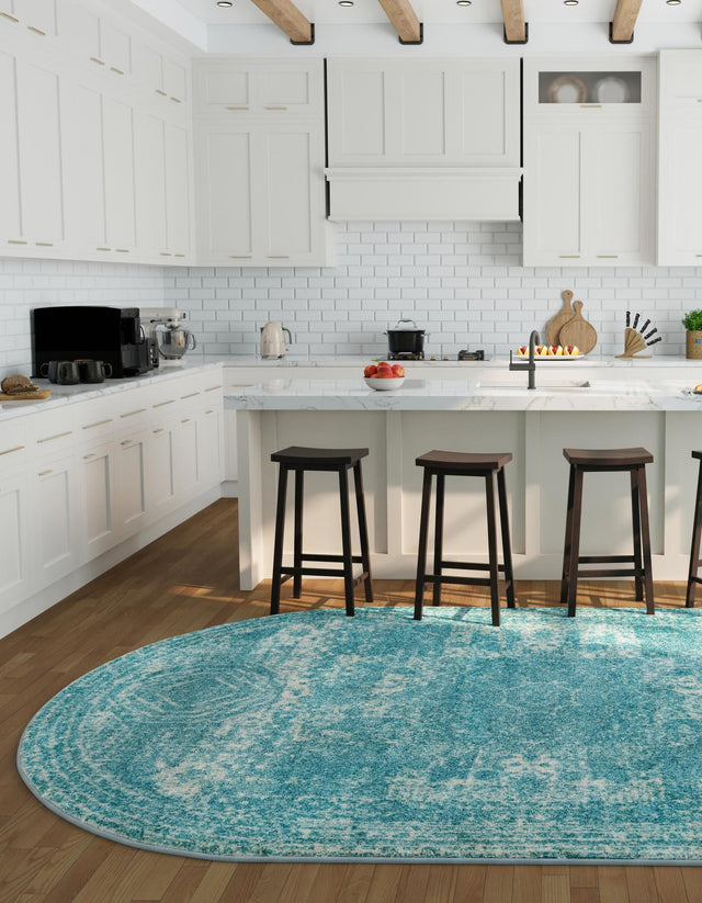 Aqua 5' 3 x 8' Bromley Oval Area Rug 100% Polypropylene With Cotton Backing Vintage Distressed Colorful Traditional Carpet for Living Dining Rooms Offices for Sale at Rug Engine