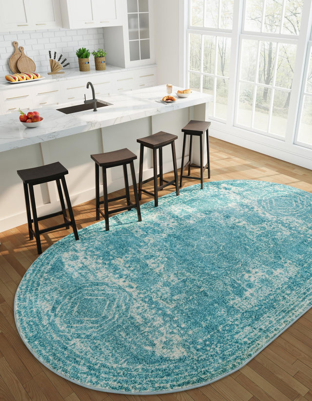 Aqua 5' 3 x 8' Bromley Oval Area Rug 100% Polypropylene With Cotton Backing Vintage Distressed Colorful Traditional Carpet for Living Dining Rooms Offices for Sale at Rug Engine