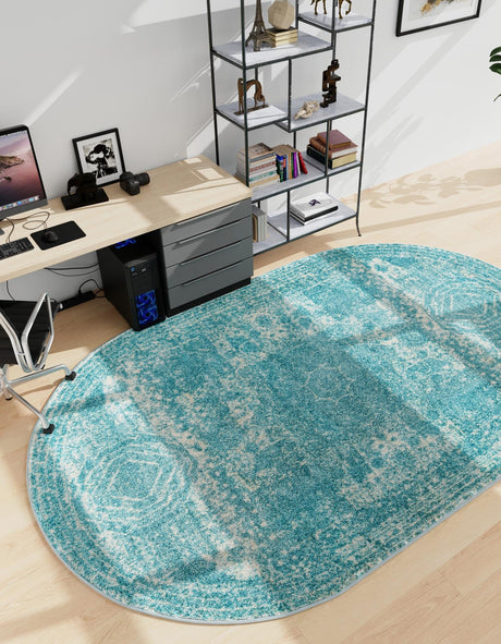 Aqua 5' 3 x 8' Bromley Oval Area Rug 100% Polypropylene With Cotton Backing Vintage Distressed Colorful Traditional Carpet for Living Dining Rooms Offices for Sale at Rug Engine