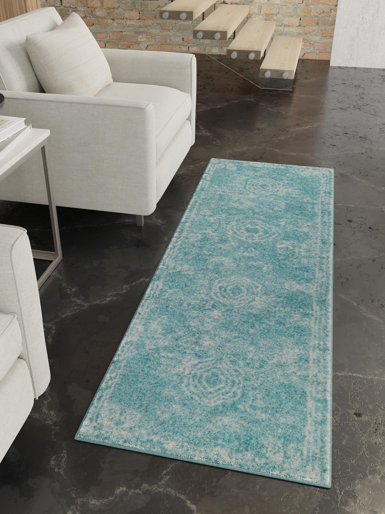 Aqua 2' x 8' Bromley Runner Area Rug 100% Polypropylene With Cotton Backing Vintage Distressed Colorful Traditional Carpet for Living Dining Rooms Offices for Sale at Rug Engine