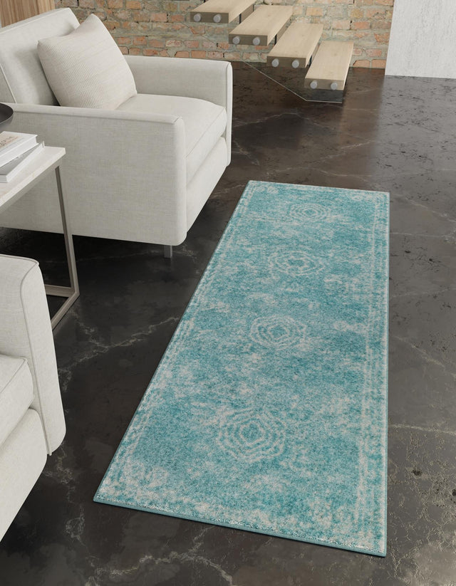 Aqua 2' x 8' Bromley Runner Area Rug 100% Polypropylene With Cotton Backing Vintage Distressed Colorful Traditional Carpet for Living Dining Rooms Offices for Sale at Rug Engine