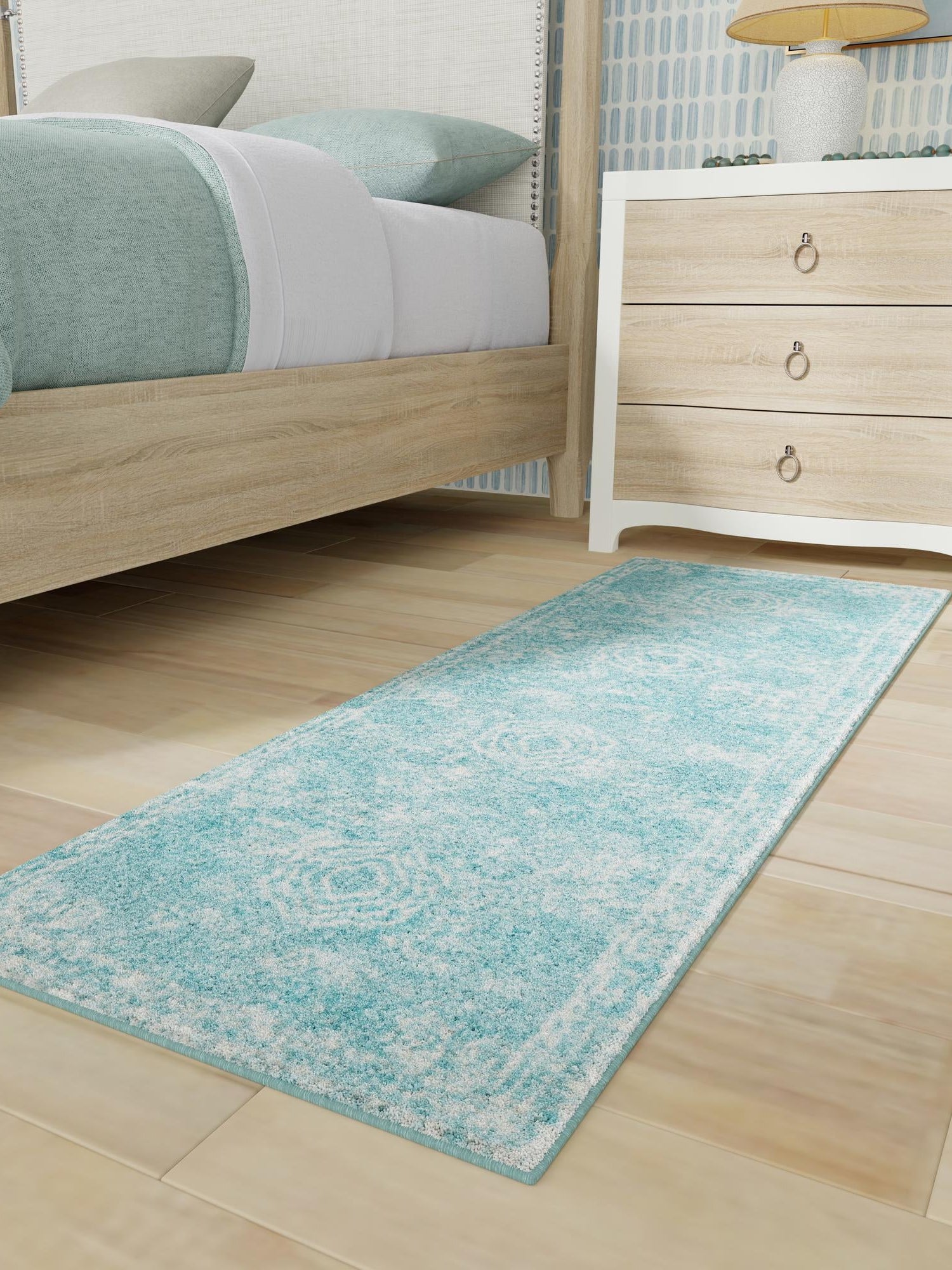 Aqua 2' x 8' Bromley Runner Area Rug 100% Polypropylene With Cotton Backing Vintage Distressed Colorful Traditional Carpet for Living Dining Rooms Offices for Sale at Rug Engine