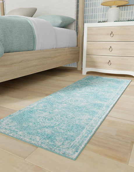 Aqua 2' x 8' Bromley Runner Area Rug 100% Polypropylene With Cotton Backing Vintage Distressed Colorful Traditional Carpet for Living Dining Rooms Offices for Sale at Rug Engine