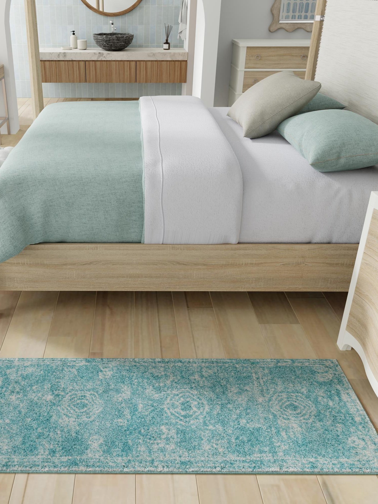 Aqua 2' x 8' Bromley Runner Area Rug 100% Polypropylene With Cotton Backing Vintage Distressed Colorful Traditional Carpet for Living Dining Rooms Offices for Sale at Rug Engine