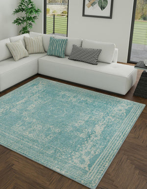 Aqua 7' 10 x 7' 10 Bromley Square Area Rug 100% Polypropylene With Cotton Backing Vintage Distressed Colorful Traditional Carpet for Living Dining Rooms Offices for Sale at Rug Engine