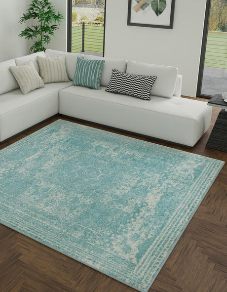 Aqua 7' 10 x 7' 10 Bromley Square Area Rug 100% Polypropylene With Cotton Backing Vintage Distressed Colorful Traditional Carpet for Living Dining Rooms Offices for Sale at Rug Engine