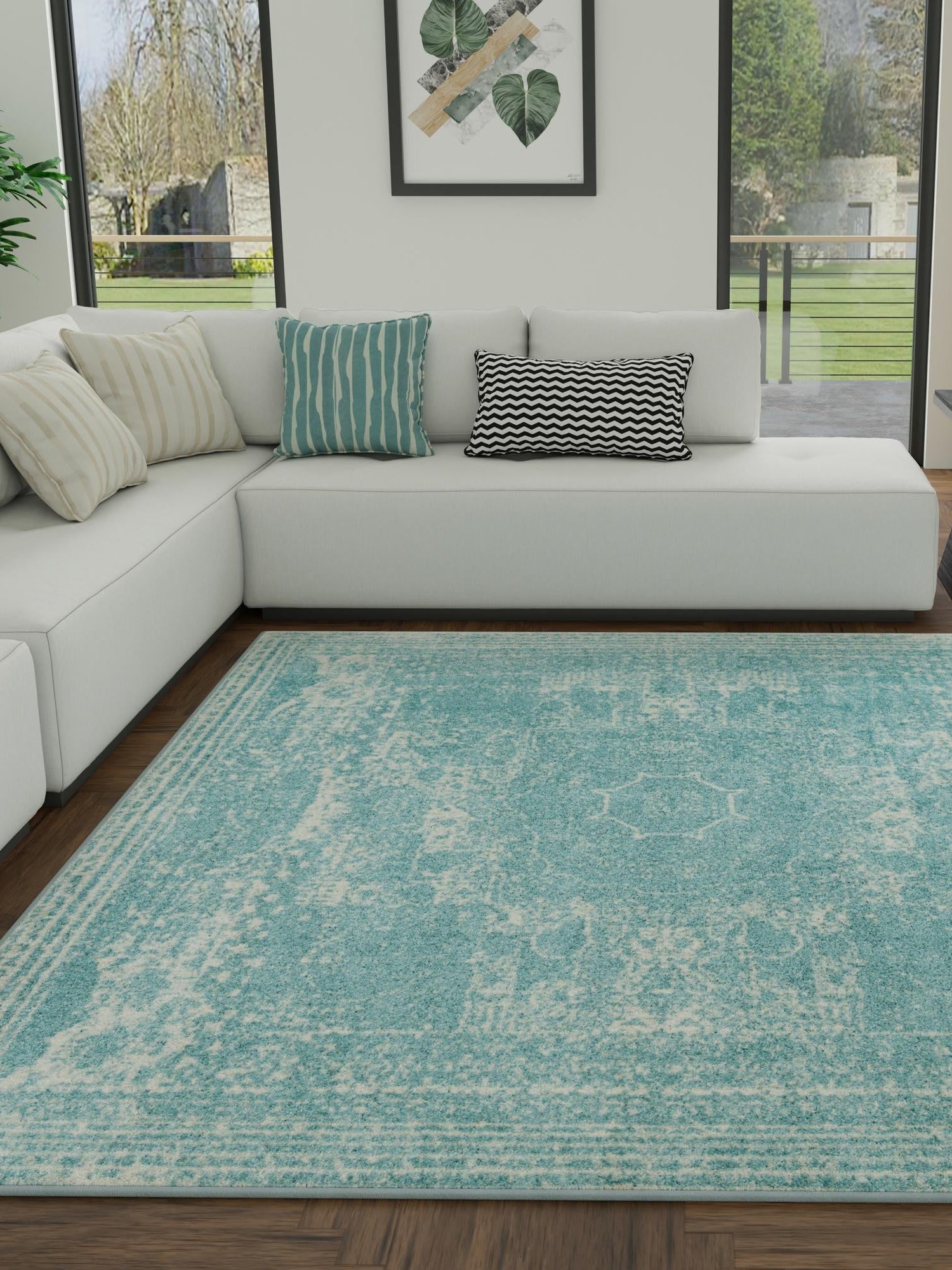 Aqua 7' 10 x 7' 10 Bromley Square Area Rug 100% Polypropylene With Cotton Backing Vintage Distressed Colorful Traditional Carpet for Living Dining Rooms Offices for Sale at Rug Engine
