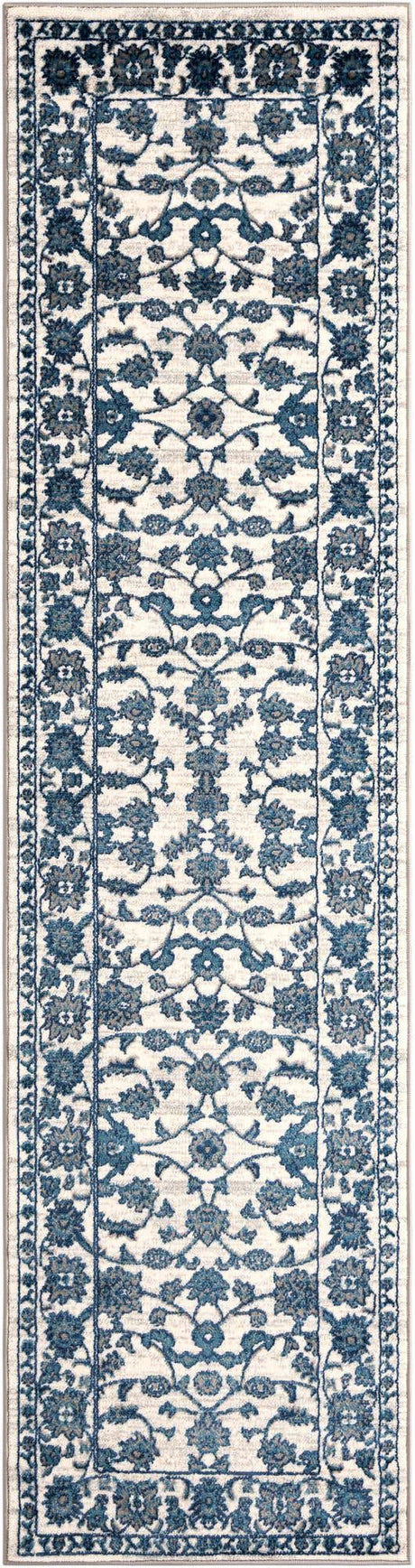 White Blue 2' 7 x 10' Boston Runner Area Rug 55% Polypropylene & 45% Polyester Easy Clean Traditional Classical Carpet for Contemporary Living Dining Room Office Space for Sale at Rug Engine
