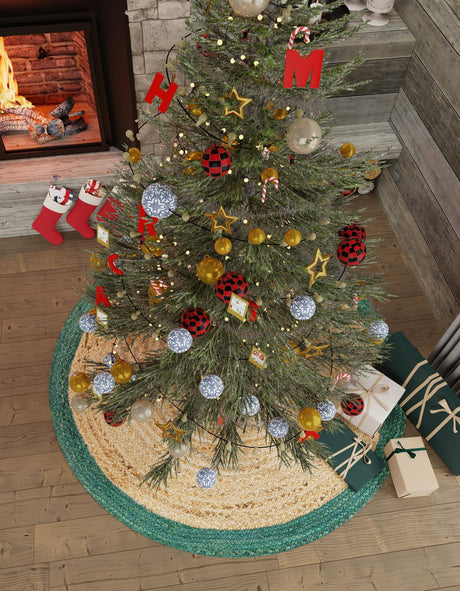 Seasonal Festive Green and Natural 3' 1 x 3' 1 Christmas Tree Skirt Round Area Rug 100% Jute All Natural Eco-Friendly Holiday Carpet Mat for Under Christmas Trees for Sale at Rug Engine