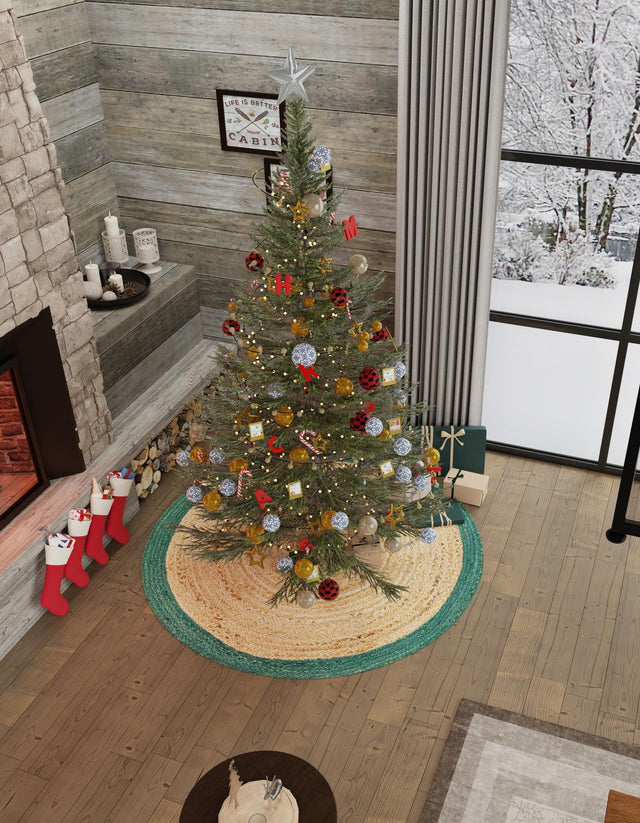 Green and Natural 3' 1 x 3' 1 Christmas Tree Skirt Round Rug