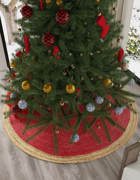 Seasonal Festive Red 4' 1 x 4' 1 Christmas Tree Skirt Round Area Rug 100% Jute All Natural Eco-Friendly Holiday Carpet Mat for Under Christmas Trees for Sale at Rug Engine