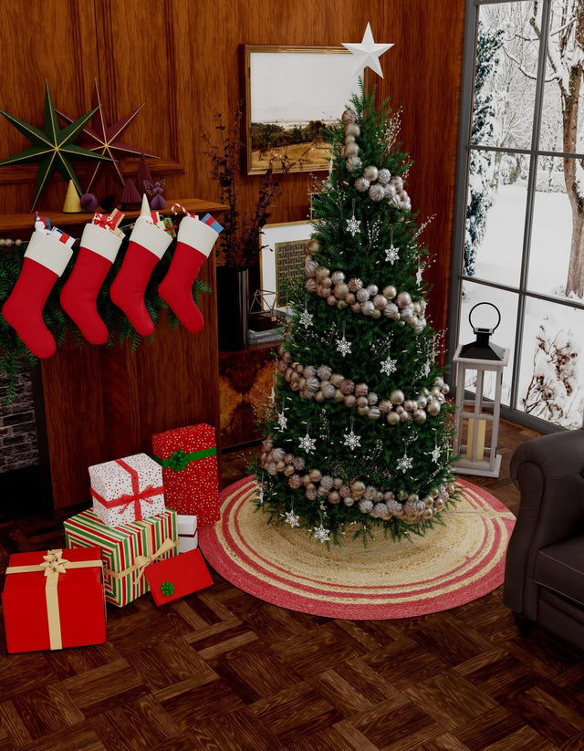 Natural and Red 3' 1 x 3' 1 Christmas Tree Skirt Round Rug