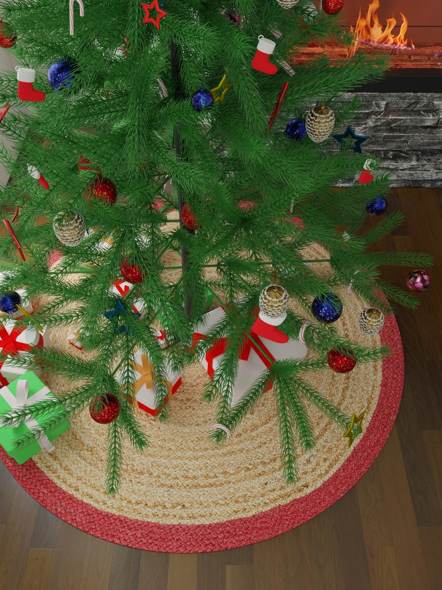 Seasonal Festive Red and Natural 4' 1 x 4' 1 Christmas Tree Skirt Round Area Rug 100% Jute All Natural Eco-Friendly Holiday Carpet Mat for Under Christmas Trees for Sale at Rug Engine
