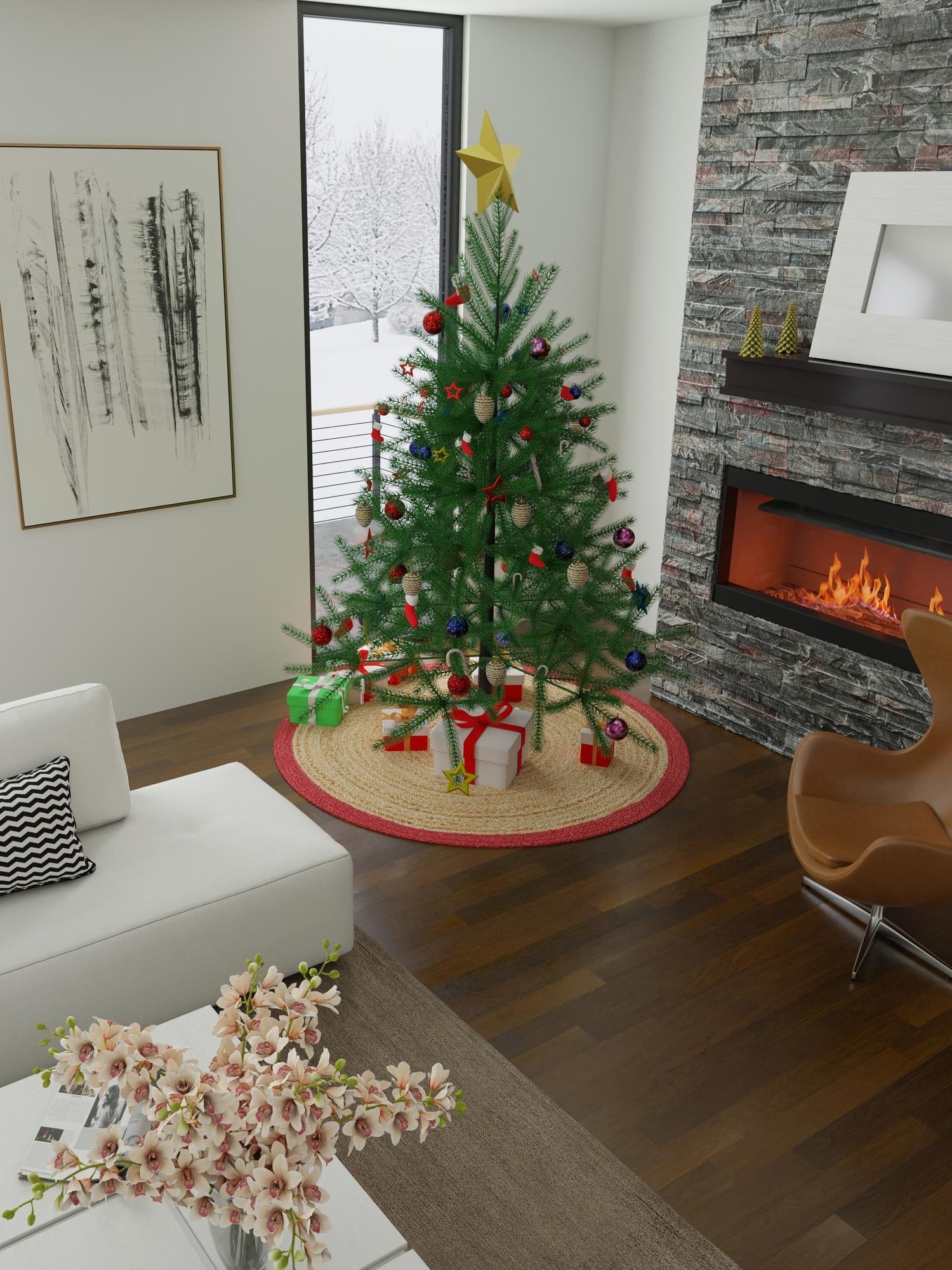 Seasonal Festive Red and Natural 4' 1 x 4' 1 Christmas Tree Skirt Round Area Rug 100% Jute All Natural Eco-Friendly Holiday Carpet Mat for Under Christmas Trees for Sale at Rug Engine
