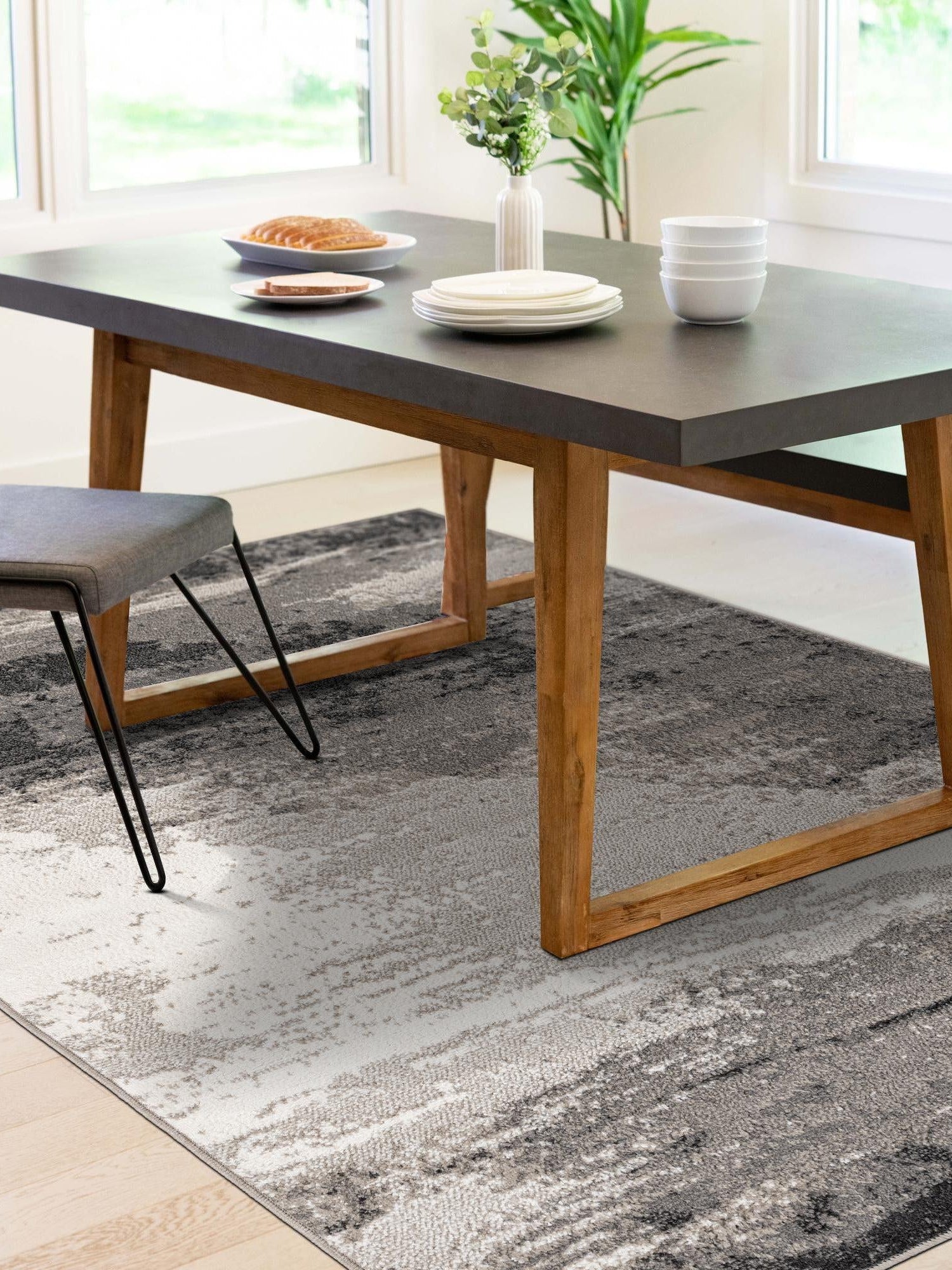 Black 5' 1 x 8' Norge Rectangle Area Rug 100% Polypropylene Easy Clean Non Shed Stain Resistant Modern Carpet for Home Interior Design for Sale at Rug Engine
