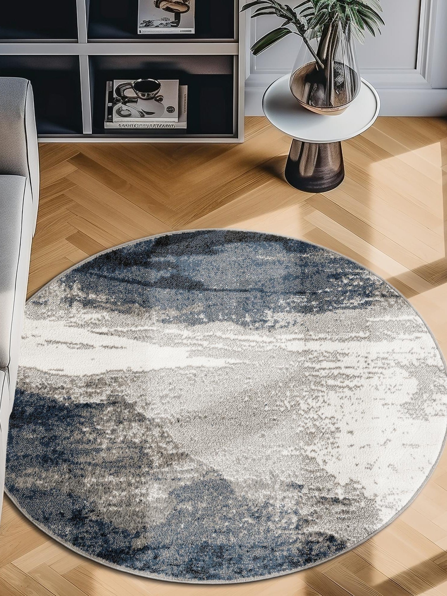 Blue 7' 10 x 7' 10 Norge Round Area Rug 100% Polypropylene Easy Clean Non Shed Stain Resistant Modern Carpet for Home Interior Design for Sale at Rug Engine