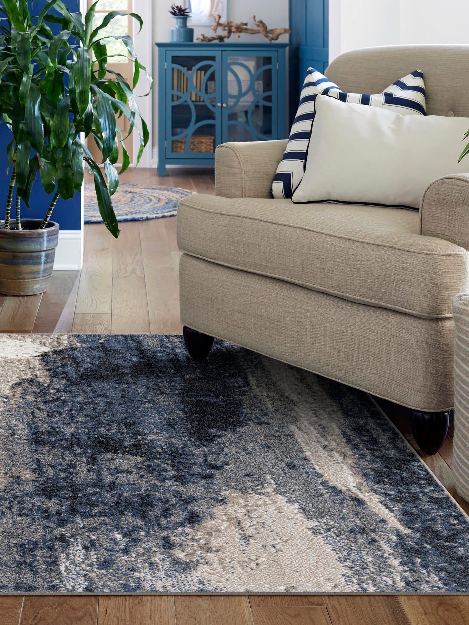 Blue 4' 1 x 6' 1 Norge Rectangle Area Rug 100% Polypropylene Easy Clean Non Shed Stain Resistant Modern Carpet for Home Interior Design for Sale at Rug Engine
